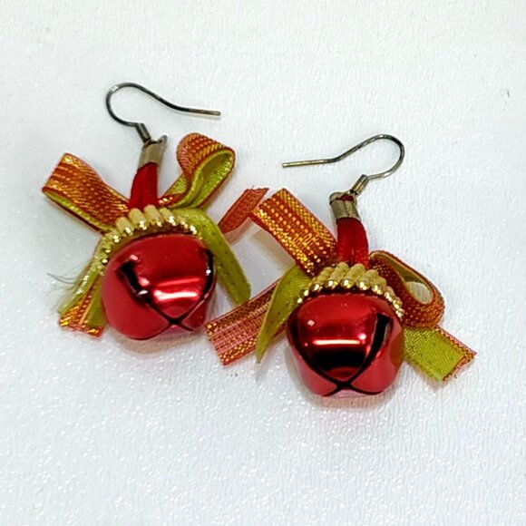 Holiday Earrings & A Santa Claus Pendant Set Red & Green Vintage Jingle Bells - Picture 3 of 13